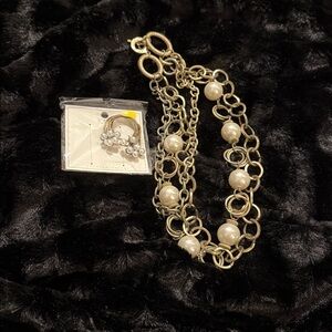 Vintage Faux Pearl & Gold Tone Necklace & Faux Gold & Gold Tone/ Brassy Brooch